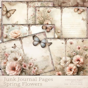 Op de afbeelding: Zes bedrukbare pagina's met een vintage esthetiek, versierd met delicate roze en witte bloemen, vlinders en een vervaagde tekstachtergrond. De pagina's zijn 8,5 inch bij 11 inch en perfect voor junk journaling.