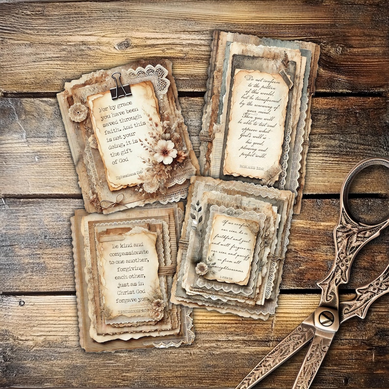 A set of printable layered scripture journal cards featuring vintage-style ephemera with faith-inspired designs. Each card includes elegant floral backgrounds, aged paper textures, delicate lace details, and handwritten scripture passages in ornate fonts. Soft pastel hues of blush, beige, and sage add a timeless, devotional touch. Perfect for junk journaling, scrapbooking, and Bible journaling, these printable scripture cards bring inspiration and beauty to creative projects.