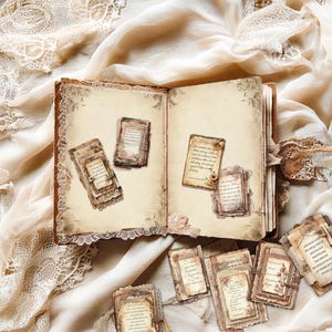 A set of printable layered scripture journal cards featuring vintage-style ephemera with faith-inspired designs. Each card includes elegant floral backgrounds, aged paper textures, delicate lace details, and handwritten scripture passages in ornate fonts. Soft pastel hues of blush, beige, and sage add a timeless, devotional touch. Perfect for junk journaling, scrapbooking, and Bible journaling, these printable scripture cards bring inspiration and beauty to creative projects.