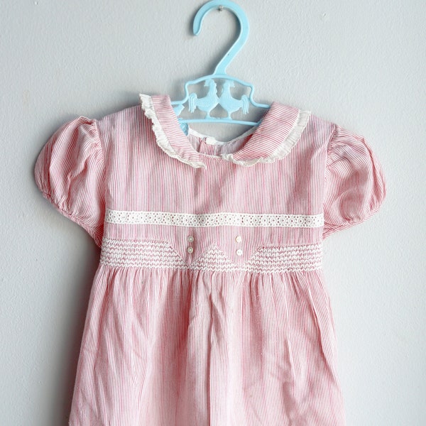 Vintage Tattered Farmhouse Baby/Toddler Girl Dress for Display/Sewing- By Nannet Toddler - Pink Striped Cotton with White Trim and Buttons