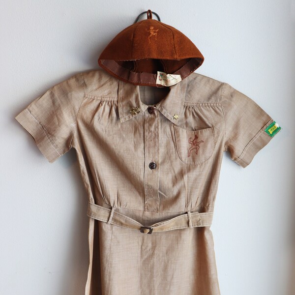 1950s/1960s Official Girl Scouts Brownie Uniform Dress with Pins and Hat
