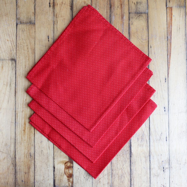 Set of 4 Hand Made Cloth Napkins - Red with White Polka Dots - Cotton - 14"