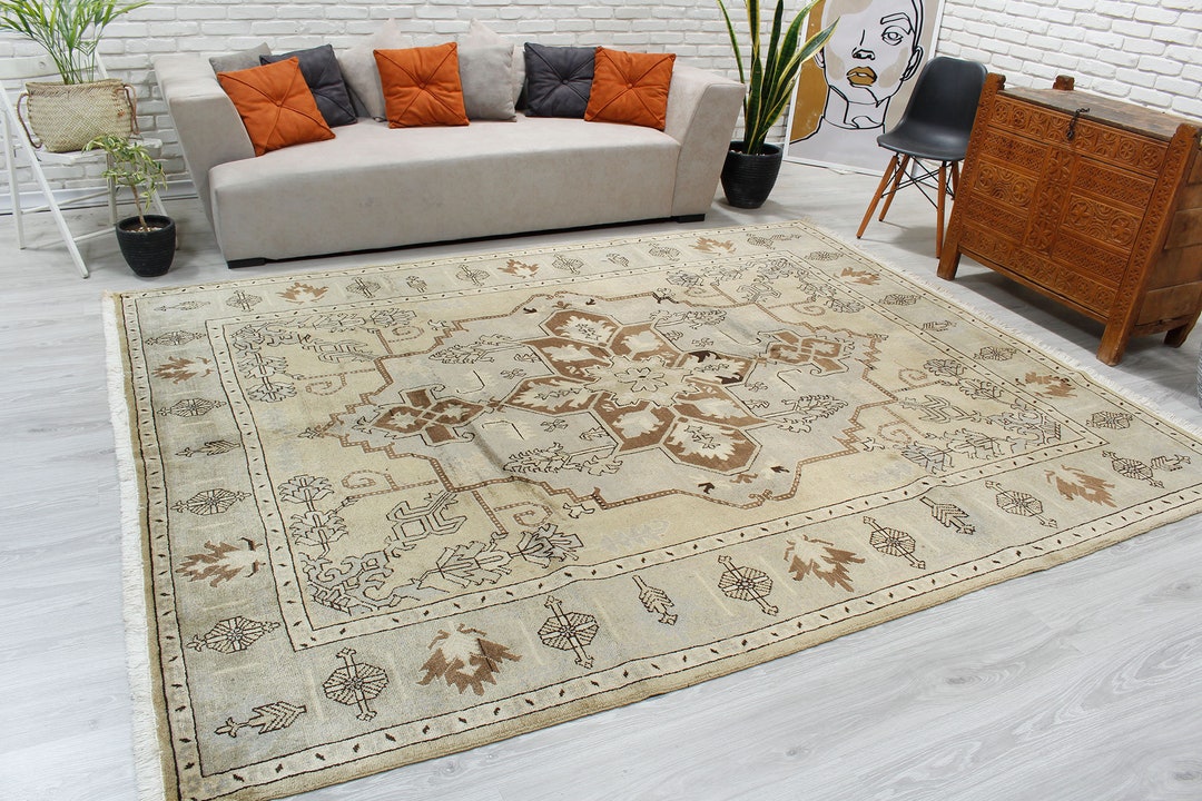 70's Geometric Persian Rug 8x10, Beige Rug, Abstract Rug , 8' X 9'10