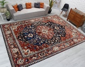 9 39 1 quot x 12 39 3 quot Shiny Red and Navy Blue Pile Living Room Carpet, Medallion Salon Carpet, Azeri Rug, Red Antique Area Rug, 00020926