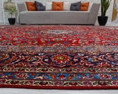 9 39 6 quot x 13 39 1 quot Antique Size Handmade Area Rug, Palace Size Red and Blue Living Room rug, Classic Red Carpet ,Vintage Oriental Rug 00020909