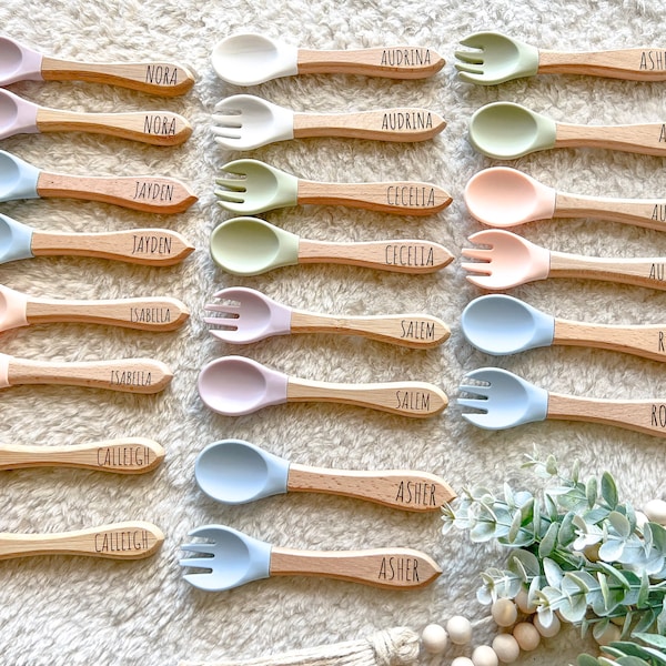 Soft utensil set | Baby / Kid safe silicone and wood spoon + fork | Optional name personalization | Engraved keepsake gift | Color options