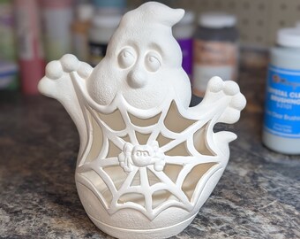 Ghost With Web Candle Holder Ceramic Bisque Light Up 2000