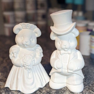 Bride & Groom Wedding Bears Ceramic Bisque Vintage Clay Magic 1996