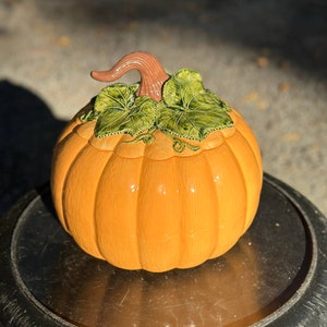 Peut inclure: Un récipient en céramique en forme de citrouille avec une tige brune et des feuilles vertes. La citrouille est orange et a une finition brillante.