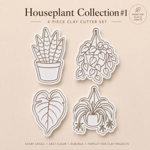 Könnte beinhalten: Ein 4-teiliges Ton-Ausstechformen-Set mit dem Titel Houseplant Collection #1, bestehend aus weißen Kunststoffumrissen einer Topf-Bogenhanfpflanze, einer hängenden Herzblattpflanze, einem einzelnen Blatt und einer hängenden Grünlilie.