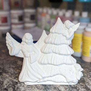 Angels With Tree Vintage 1992 Ceramic Christmas Bisque