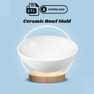 Puede incluir: Un molde de cuenco de cerámica blanca sobre una base de madera. El molde tiene la forma de un cuenco y está listo para ser utilizado para crear un cuenco de cerámica. Descarga de archivo STL disponible.