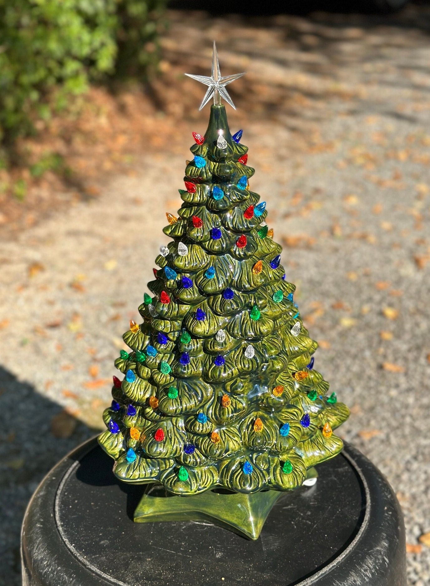 Snow-dusted Christmas Tree With Multicolor Bulbs & Plastic Star