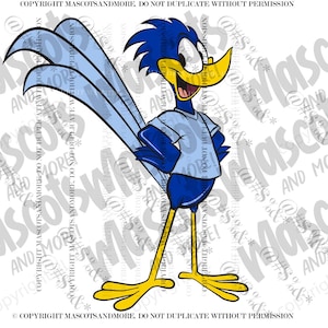 May include: Cartoon image of a blue roadrunner bird with a yellow beak and feet. The roadrunner is wearing a light blue t-shirt and has light blue tail feathers. The bird is smiling with its arms crossed.