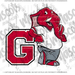 May include: A red and white cartoon elephant mascot wearing a white shirt with a red collar and red sleeves. The elephant is standing next to a large red letter G with a black outline. The letter G has the word "COPYRIGHT" printed in white inside the letter.