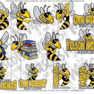 May include: A collection of cartoon yellow jackets with black stripes, smiling faces, and wings. Some hold a soccer ball, books, or a backpack. Text includes "Oak Forest Yellow Jackets".