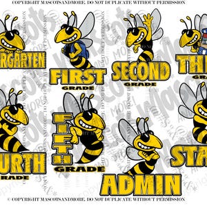 May include: A collection of cartoon bee illustrations with text for different school grades and staff. The bees are yellow and black, with smiling faces and various poses. Text includes "Kindergarten", "First Grade", "Second Grade", "Third Grade", "Fourth Grade", "Fifth Grade", "Staff", and "Admin".