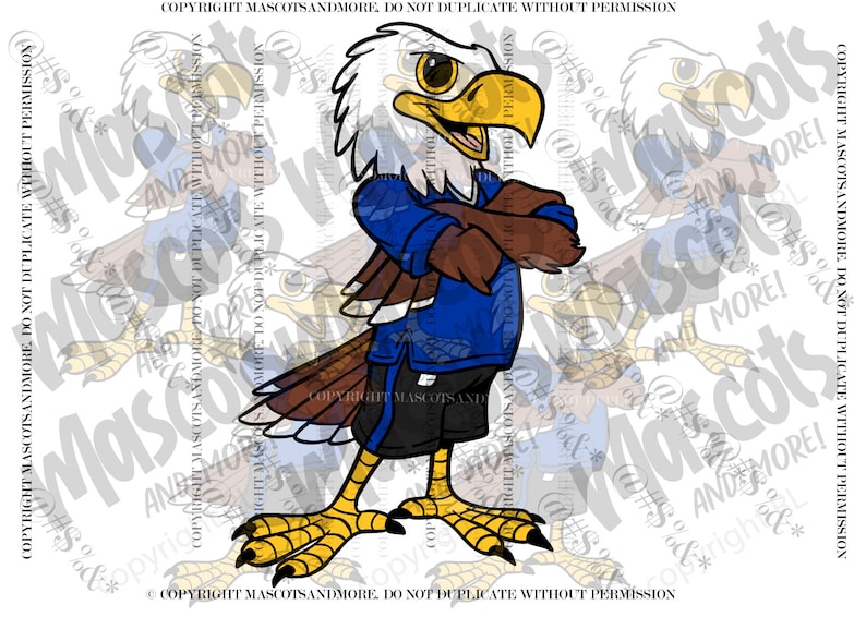 May include: A cartoon illustration of a blue and brown eagle mascot wearing a blue shirt and brown trousers. The eagle has a yellow beak and feet, and is standing with its arms crossed.