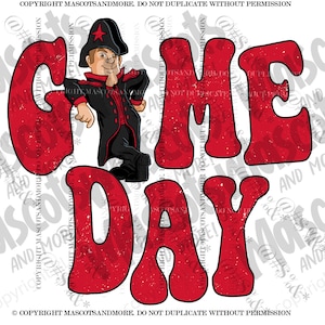 May include: Red and black graphic design with the text "GAME DAY" in a distressed font. A cartoon character wearing a red and black uniform and a tricorn hat is standing in front of the text.