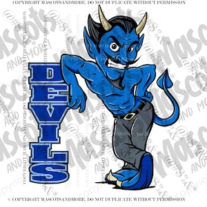 May include: A blue devil mascot with horns, a tail, and gray pants leans against a blue and white "DEVILS" sign. The mascot has a mustache and is smiling. The image is a cartoon style.
