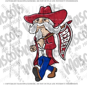 May include: A cartoon illustration of a man wearing a red hat and a red jacket with a white shirt and blue jeans. He is holding a red and white banner that says "Rebels".