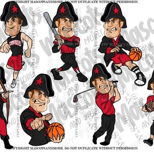 May include: A set of eight digital clip art images featuring a cartoon character wearing a red and black uniform with a tri-cornered hat. The character is depicted in various sports poses, including baseball, basketball, football, golf, and archery. The text "Copyright Mascotsandmore. Do not duplicate without permission" appears at the bottom of the image.