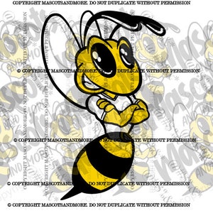 May include: A cartoon bee with black and yellow stripes, wearing a white shirt with its arms crossed. The bee has a big smile and large, round eyes. The bee is standing on a white background.