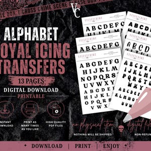 May include: A digital download set of 13 pages featuring printable alphabet royal icing transfers. The sheets display black uppercase letters in various fonts on white backgrounds. A pink piping bag illustration is included on the right side.