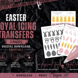 May include: A digital download set of five pages featuring printable Easter royal icing transfers. The sheets include illustrations of yellow marshmallow candies, grey bunny silhouettes, paw prints, carrots, eggs, and pink bunny ears for cake decorating.