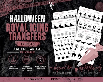 Può includere: Un set di download digitale di 13 pagine di trasferibili per ghiaccia reale di Halloween, con sagome nere di pipistrelli, ragni, ragnatele, gatti, alberi e zucche, accompagnato da un'illustrazione di una sac-à-poche rosa.