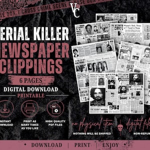 Può includere: Un set di download digitale di sei ritagli di giornale stampabili con titoli e fotografie in bianco e nero di vari serial killer. Il testo include SERIAL KILLER NEWSPAPER CLIPPINGS, 6 PAGES, DIGITAL DOWNLOAD, PRINTABLE, INSTANT DOWNLOAD, PRINT AS MANY TIMES AS YOU LIKE, HIGH QUALITY PDF FILES, no physical item, digital files only, e DOWNLOAD | PRINT | ENJOY.
