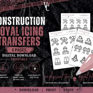 Pode incluir: Um download digital de transferências de glacê real com tema de construção, contendo seis páginas de arquivos PDF imprimíveis. As folhas exibem ícones de linhas pretas de martelos, capacetes, trabalhadores, coletes, tratores e cones.