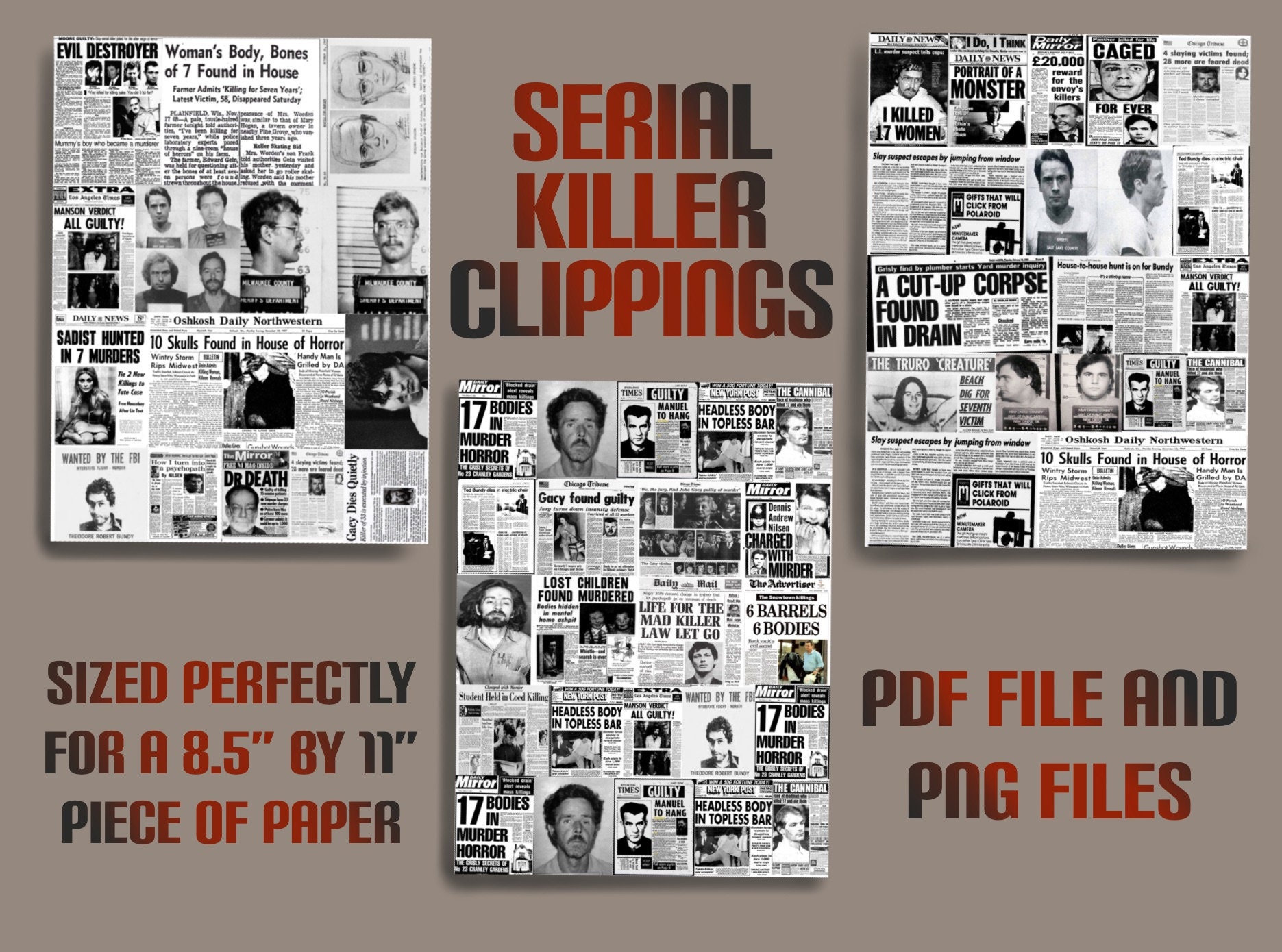 Serial Killer News Clippings PDF File and PNG Files