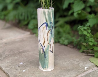 Hand made slab built flower tube with oxide bird motif decoration