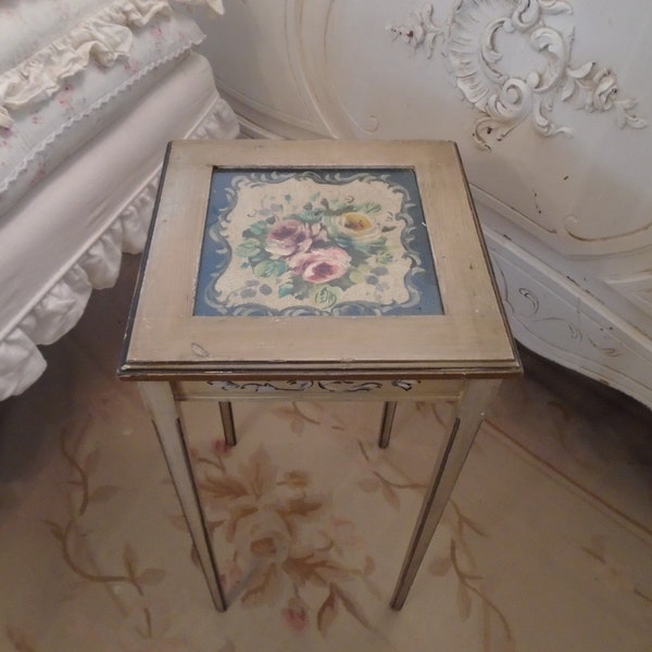 Vintage Shabby Painted Roses Wooden Side Table