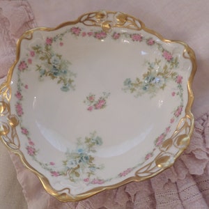 Vintage Shabby Soft Pink & Blue Roses Serving Display Bowl