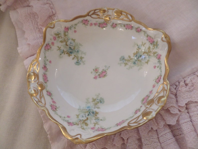 Vintage Shabby Soft Pink & Blue Roses Serving Display Bowl - Etsy