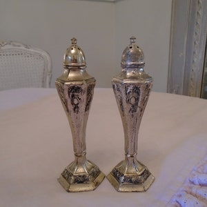 Vintage Shabby Ornate Pair Silver Salt Pepper Shakers