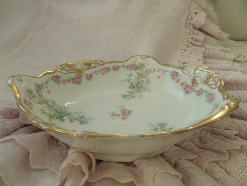 Vintage Shabby Soft Pink & Blue Roses Serving Display Bowl - Etsy