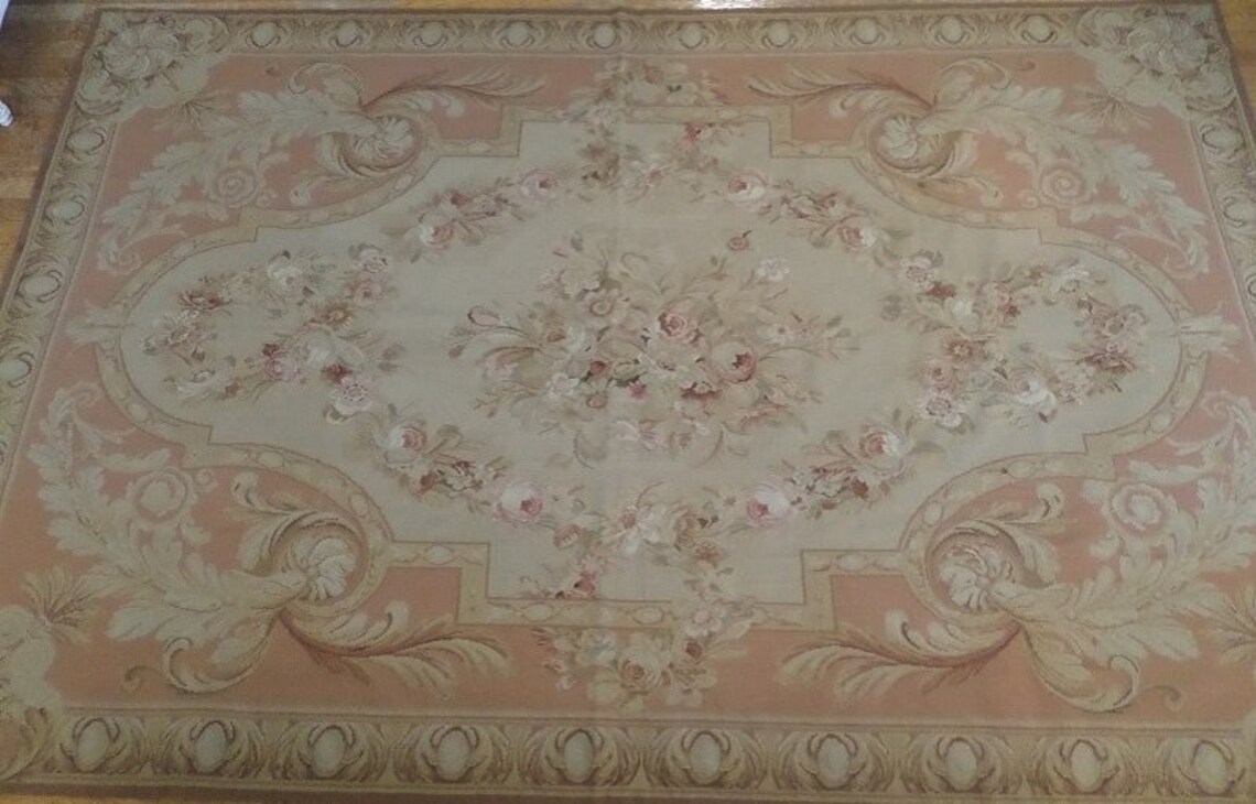 French Aubusson Shabby Pink Roses Rug 5'X9' Etsy