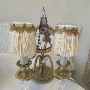 Antique Shabby French Mirrored Beaded Girandole Lamp With Shades