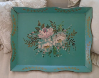 Vintage X-Large Hand Painted Shabby Wooden Tole Tray