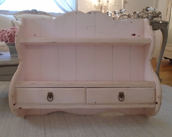 Vintage Shabby Pale Pink Chippy Huge Wooden Wall Shelf French Bow ...