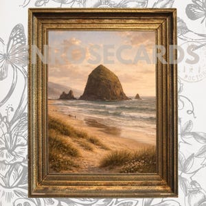 May include: A framed landscape painting of a coastal scene. The artwork depicts a large rock formation in the ocean, a sandy beach, and a cloudy sky. The frame is gold-colored, and the text "NROSECARDS" is visible.