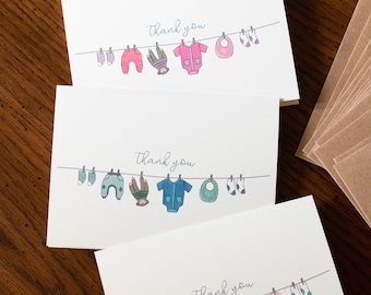 Baby Shower Thank You Card - Gender Neutral - Baby Girl - Baby Boy - Clothesline - New Baby - Baby Shower - Pack Option