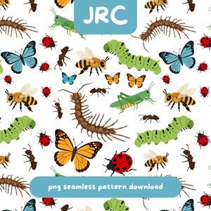 Peut inclure: Un motif répétitif représentant divers insectes, notamment des papillons monarques orange, des papillons bleus, des chenilles vertes, des coccinelles, des abeilles, des fourmis, des sauterelles et des mille-pattes bruns sur fond blanc avec le texte JRC et png seamless pattern download.