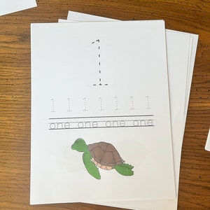 Op de afbeelding: Een printbaar werkblad om te leren schrijven van het getal één. Het werkblad bevat een stippellijn om het getal te traceren, meerdere lijnen om te oefenen met het schrijven van het getal en het woord "één" vier keer geschreven. Een cartoon-zeeschildpad is geillustreerd onderaan de pagina.