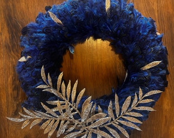 Christmas feather wreath,gold and blue Xmas decor winter wreath,blue feather and gold leaf decor,for Christmas gifts season
