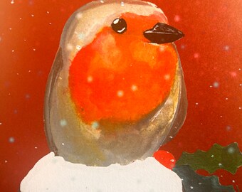 Kerstrobin in de sneeuw Kerstkaart, schattig roodborstje met kerstpuddingkaart, blanco kaart voor kerstmis