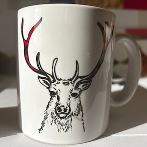 Large china mug,stag illustration with pink antlers,gift for housewarming and birthdays